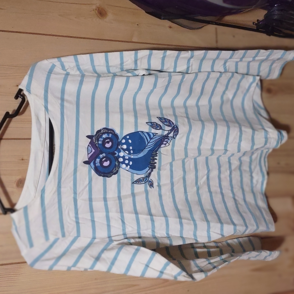 Blue Striped Shirt with Owl Graphic